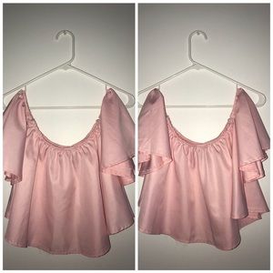 Elastic off the shoulder baby pink flowy shirt